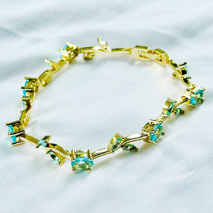 Aqua Blue Sapphire Cubic Zirconia Tulip Design American Diamond Gold Plated Stainless Steel Bracelet