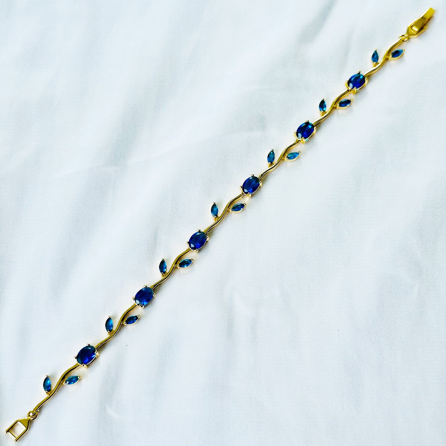 Blue Sapphire Cubic Zirconia Tulip Design American Diamond Gold Plated Stainless Steel Bracelet