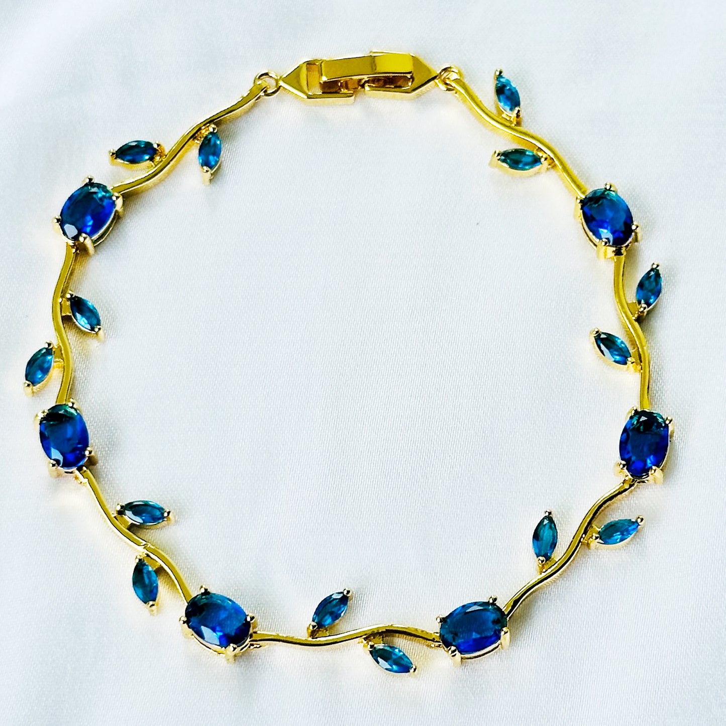 Blue Sapphire Cubic Zirconia Tulip Design American Diamond Gold Plated Stainless Steel Bracelet