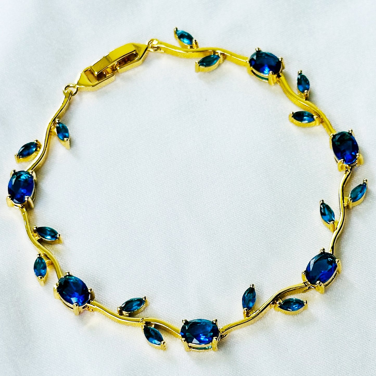 Blue Sapphire Cubic Zirconia Tulip Design American Diamond Gold Plated Stainless Steel Bracelet