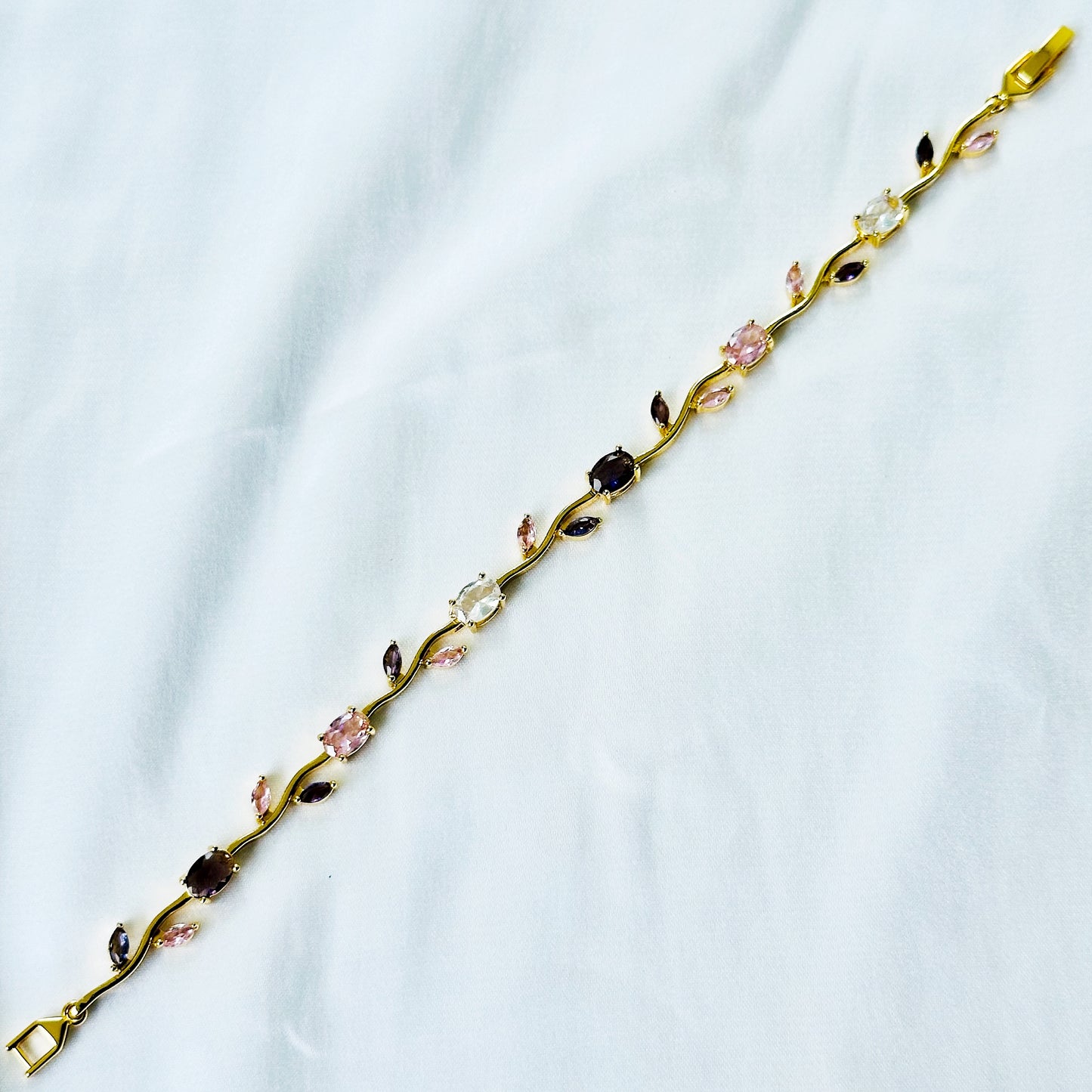 Pink Topaz & Purple Amethyst Cubic Zirconia Tulip Design American Diamond Gold Plated Stainless Steel Bracelet