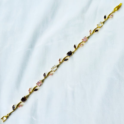 Pink Topaz & Purple Amethyst Cubic Zirconia Tulip Design American Diamond Gold Plated Stainless Steel Bracelet