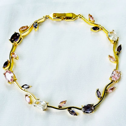 Pink Topaz & Purple Amethyst Cubic Zirconia Tulip Design American Diamond Gold Plated Stainless Steel Bracelet