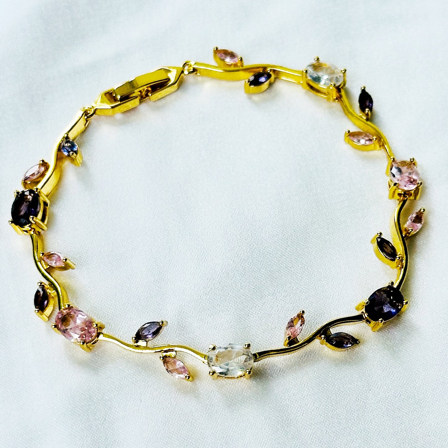 Pink Topaz & Purple Amethyst Cubic Zirconia Tulip Design American Diamond Gold Plated Stainless Steel Bracelet