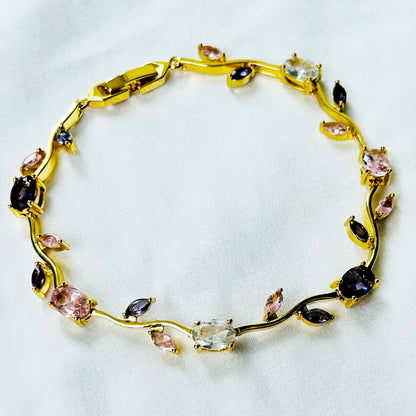 Pink Topaz & Purple Amethyst Cubic Zirconia Tulip Design American Diamond Gold Plated Stainless Steel Bracelet