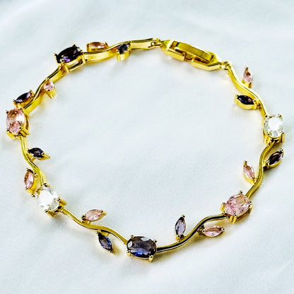 Pink Topaz & Purple Amethyst Cubic Zirconia Tulip Design American Diamond Gold Plated Stainless Steel Bracelet