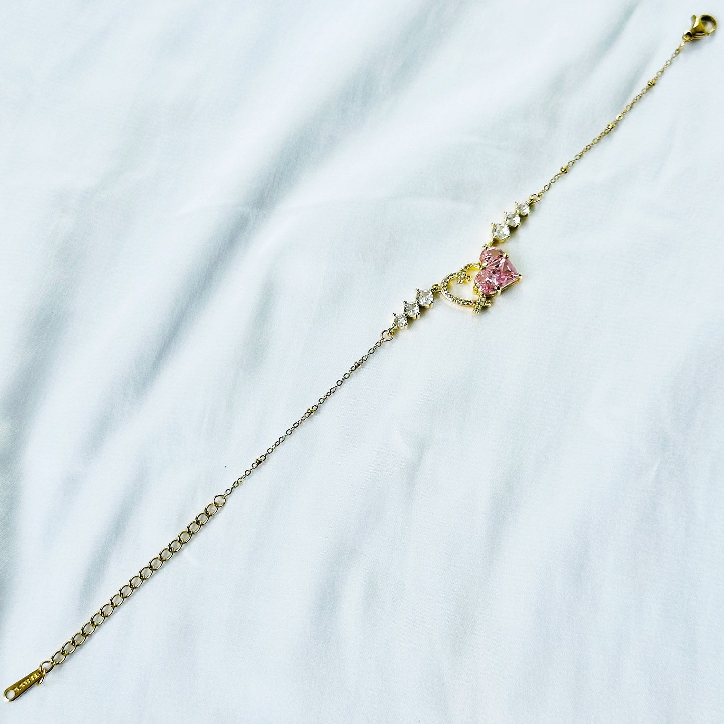 Pink Topaz Cubic Zirconia Heart Design American Diamond Gold Plated Stainless Steel Bracelet