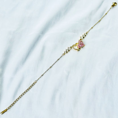 Pink Topaz Cubic Zirconia Heart Design American Diamond Gold Plated Stainless Steel Bracelet