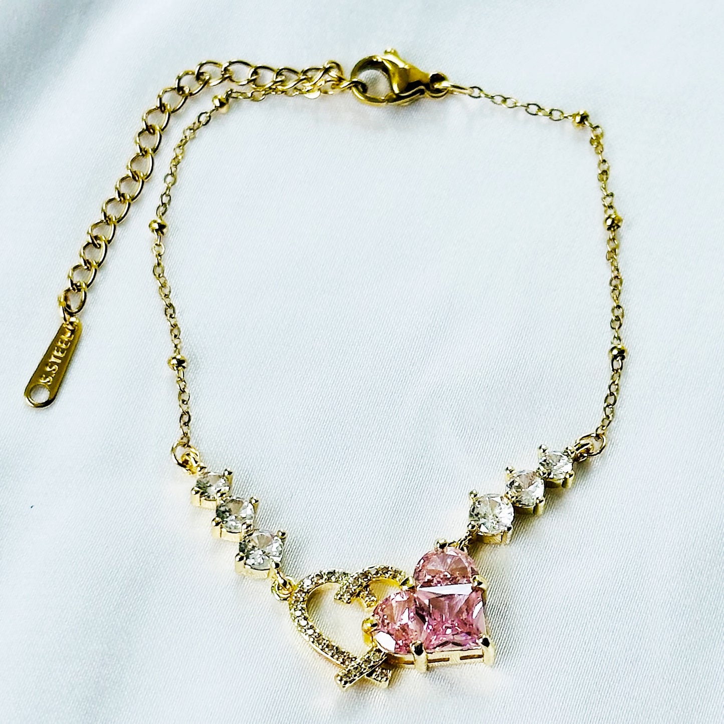 Pink Topaz Cubic Zirconia Heart Design American Diamond Gold Plated Stainless Steel Bracelet