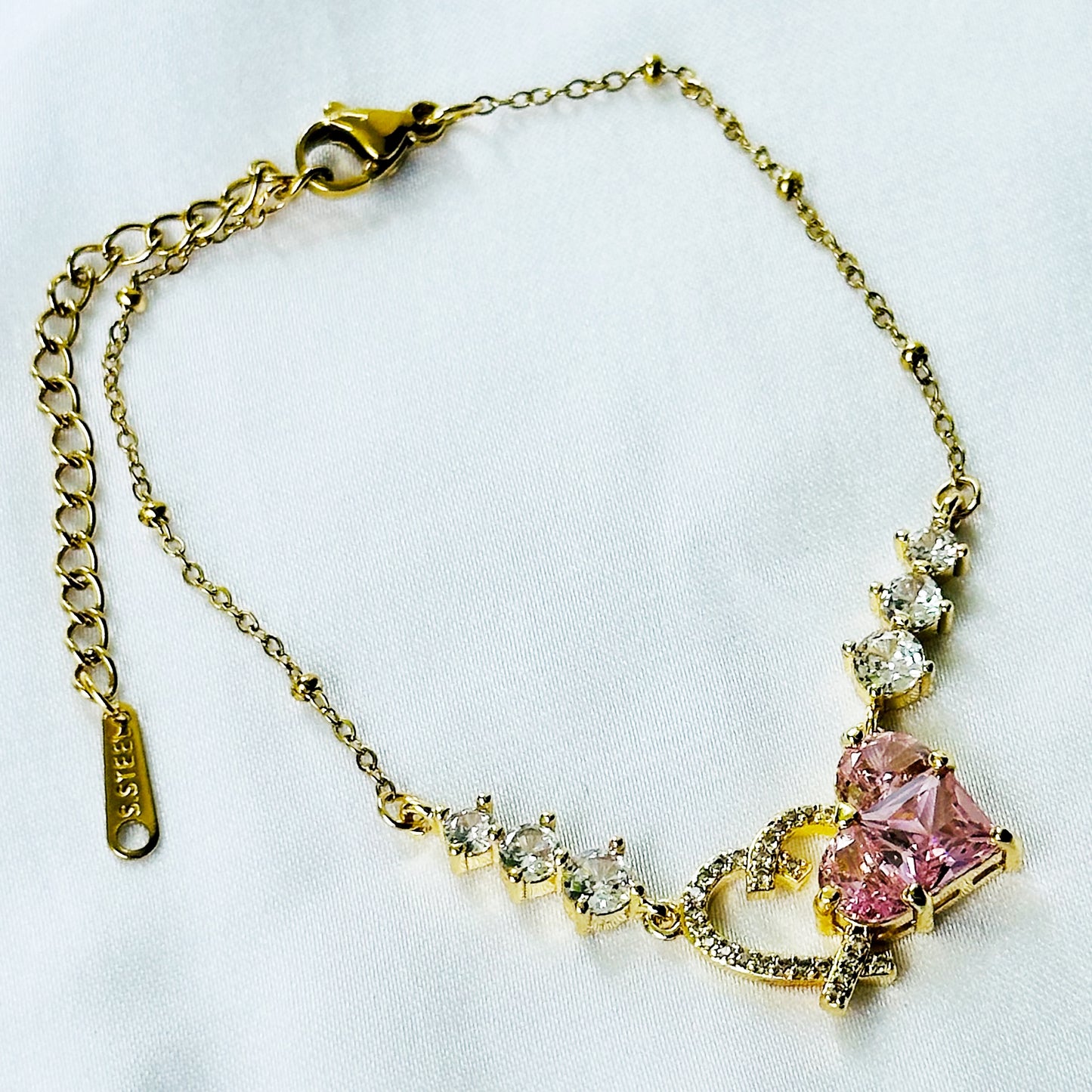 Pink Topaz Cubic Zirconia Heart Design American Diamond Gold Plated Stainless Steel Bracelet