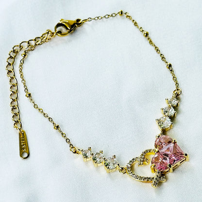 Pink Topaz Cubic Zirconia Heart Design American Diamond Gold Plated Stainless Steel Bracelet