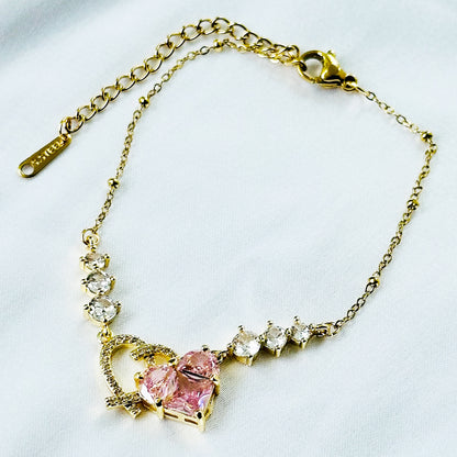 Pink Topaz Cubic Zirconia Heart Design American Diamond Gold Plated Stainless Steel Bracelet