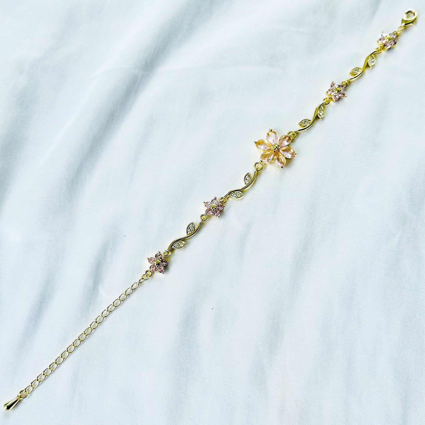 Pink Topaz Cubic Zirconia Flower Design American Diamond Gold Plated Stainless Steel Bracelet