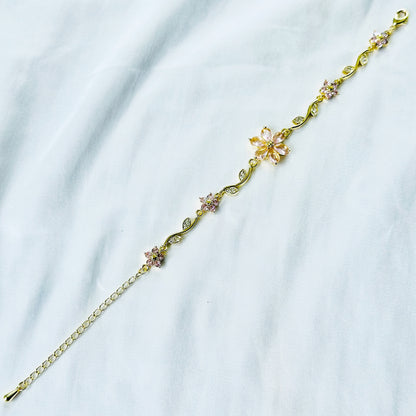Pink Topaz Cubic Zirconia Flower Design American Diamond Gold Plated Stainless Steel Bracelet