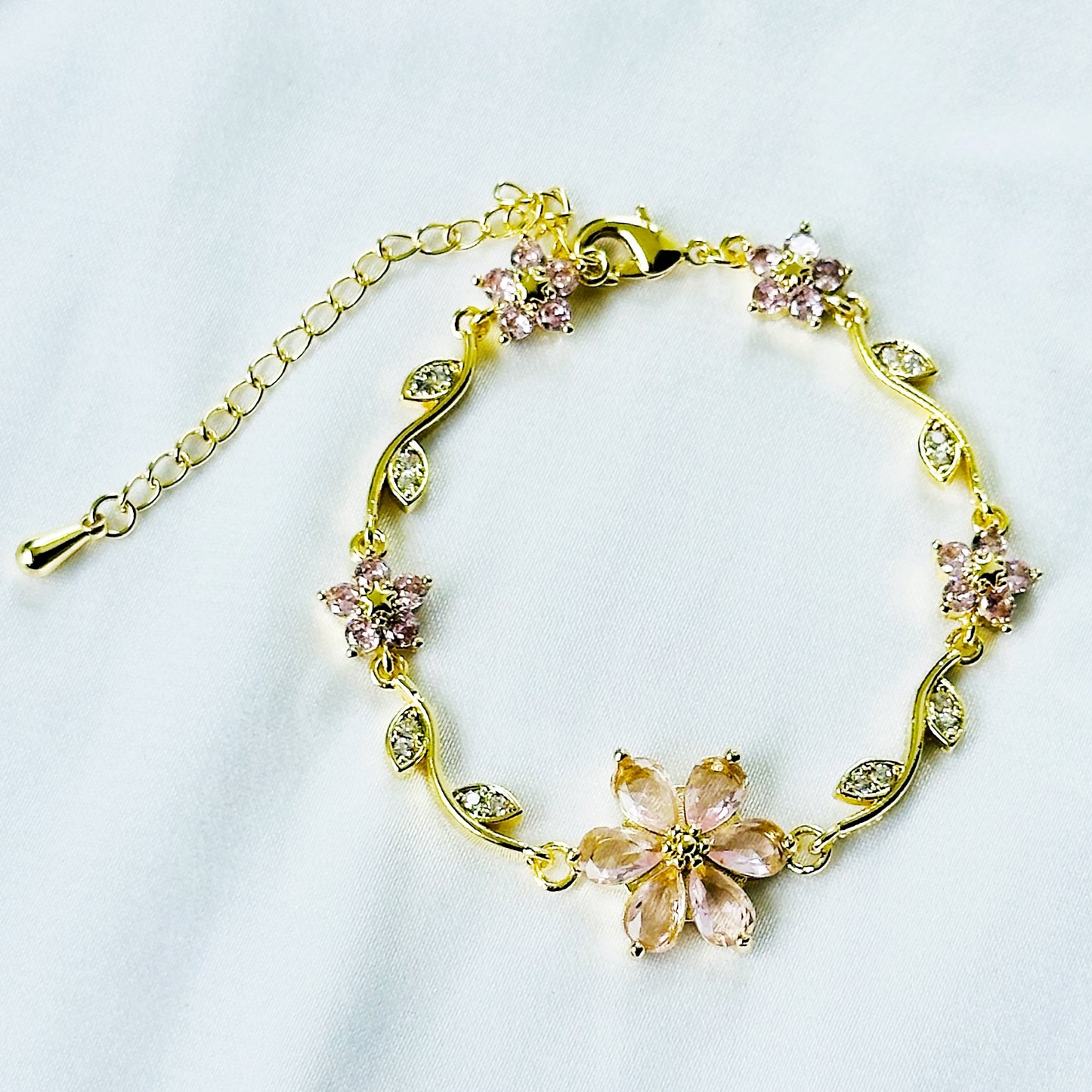 Pink Topaz Cubic Zirconia Flower Design American Diamond Gold Plated Stainless Steel Bracelet