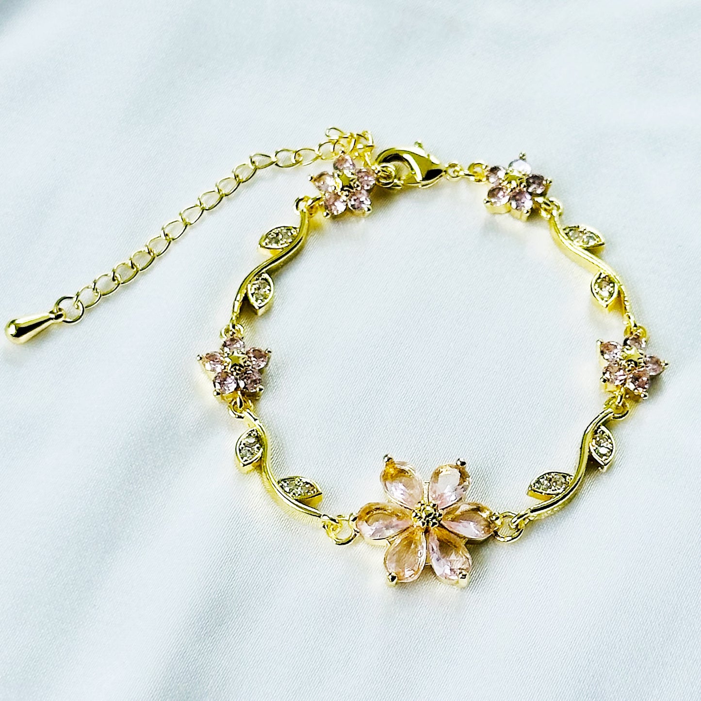 Pink Topaz Cubic Zirconia Flower Design American Diamond Gold Plated Stainless Steel Bracelet