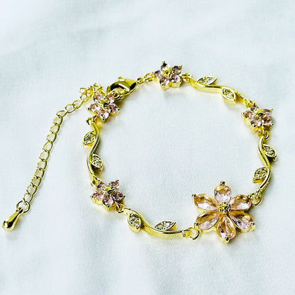 Pink Topaz Cubic Zirconia Flower Design American Diamond Gold Plated Stainless Steel Bracelet