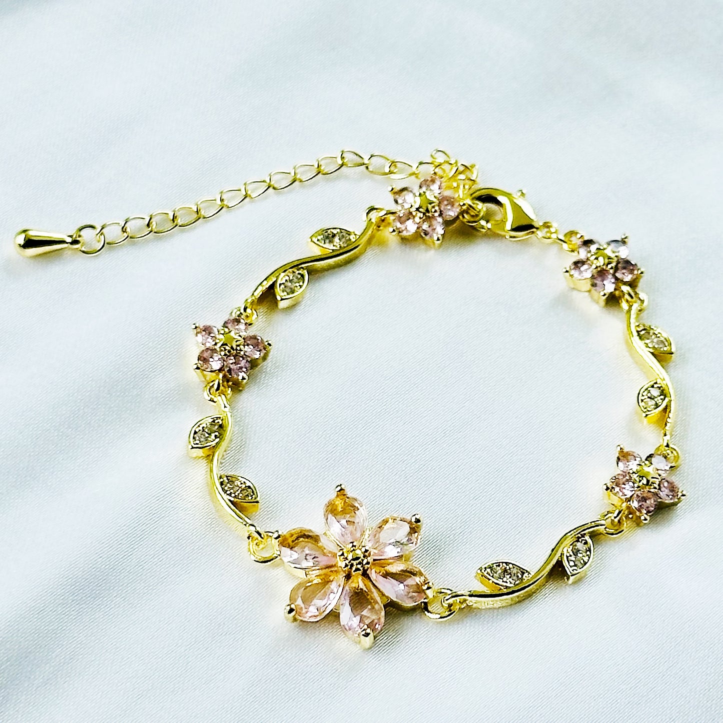 Pink Topaz Cubic Zirconia Flower Design American Diamond Gold Plated Stainless Steel Bracelet