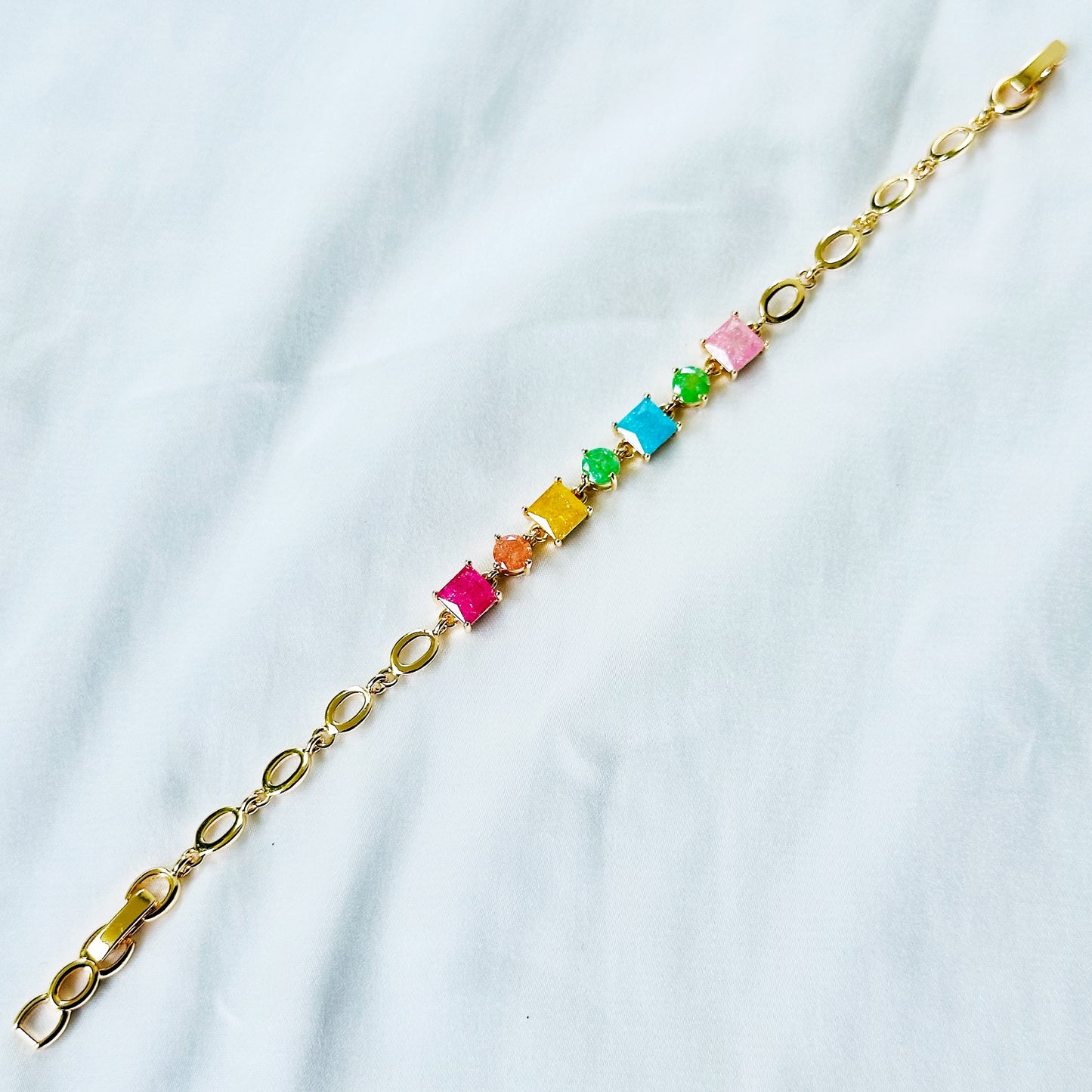 Multi Color Sugar Stones Gold Plated Stainless Steel Bracelet