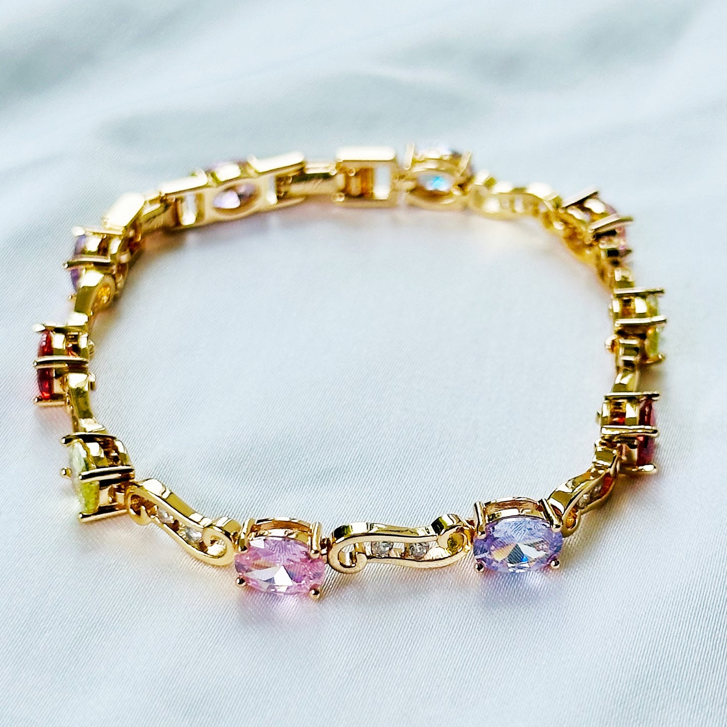 Multi Color Cubic Zirconia American Diamond Gold Plated Stainless Steel Bracelet
