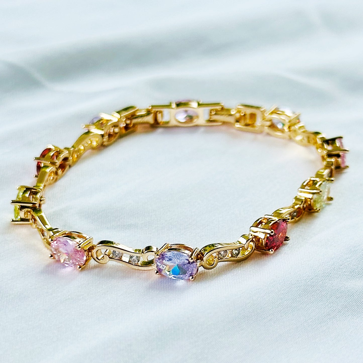 Multi Color Cubic Zirconia American Diamond Gold Plated Stainless Steel Bracelet