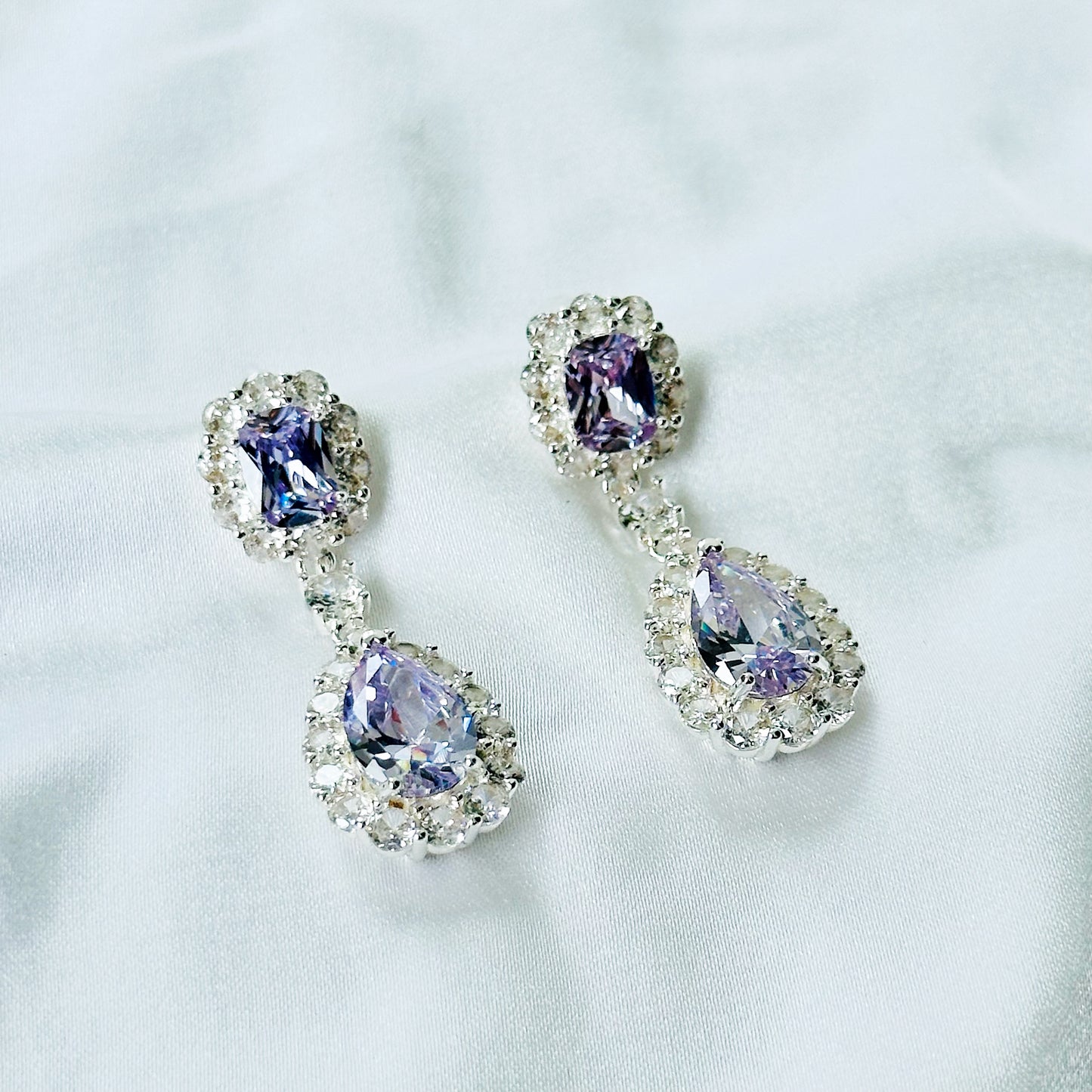 Light Purple Amethyst Cubic Zirconia Ice Cut American Diamond Silver Plated Earrings