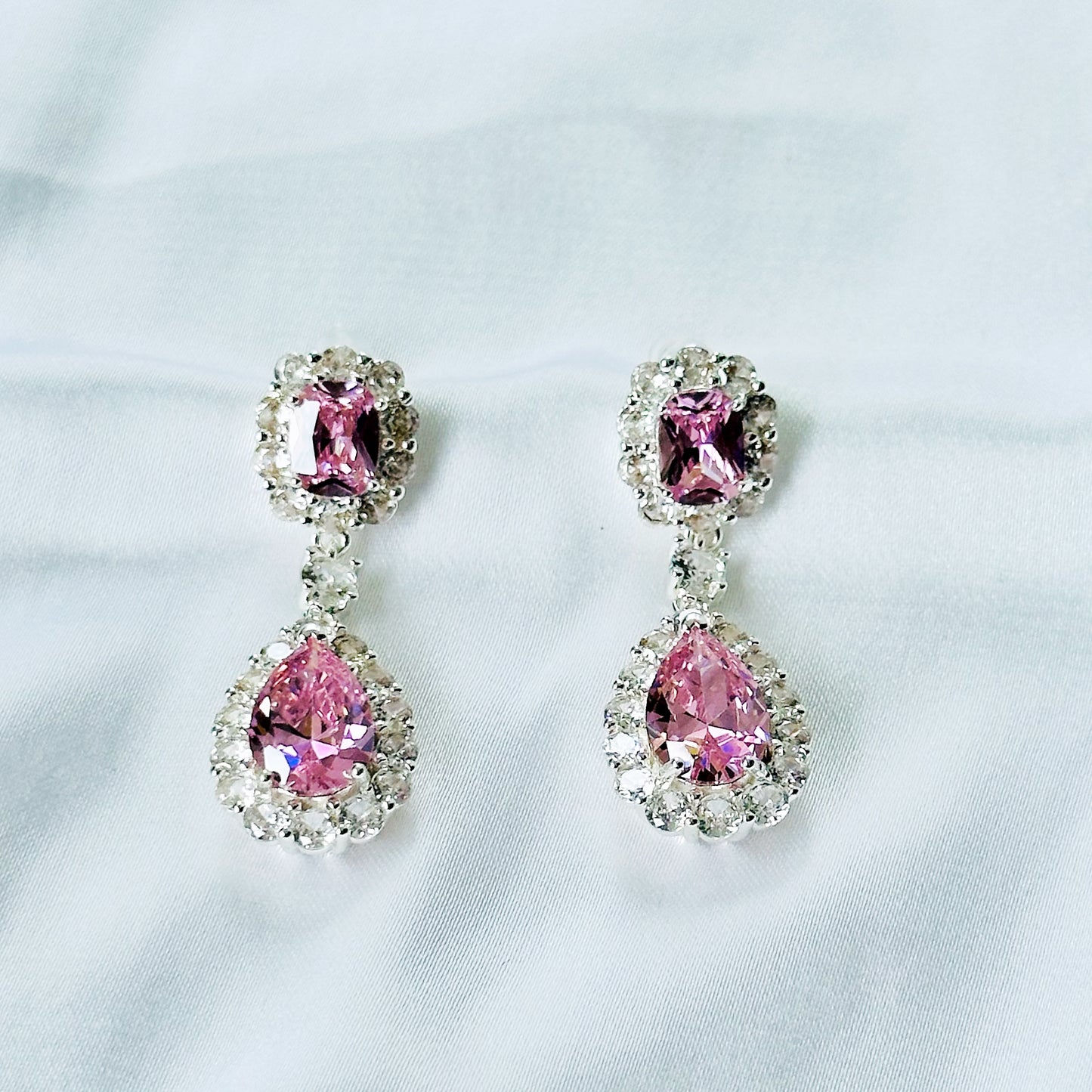 Pink Topaz Cubic Zirconia Ice Cut American Diamond Silver Plated Earrings