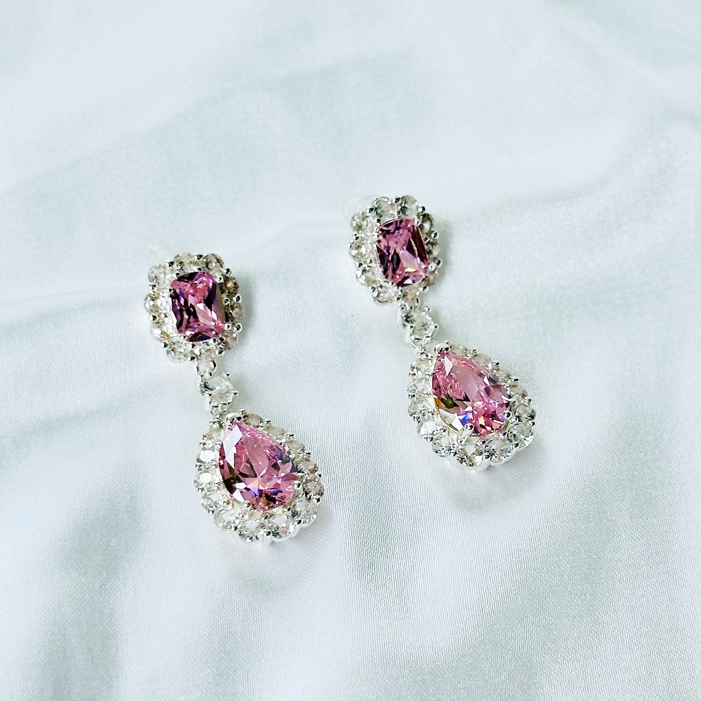 Pink Topaz Cubic Zirconia Ice Cut American Diamond Silver Plated Earrings