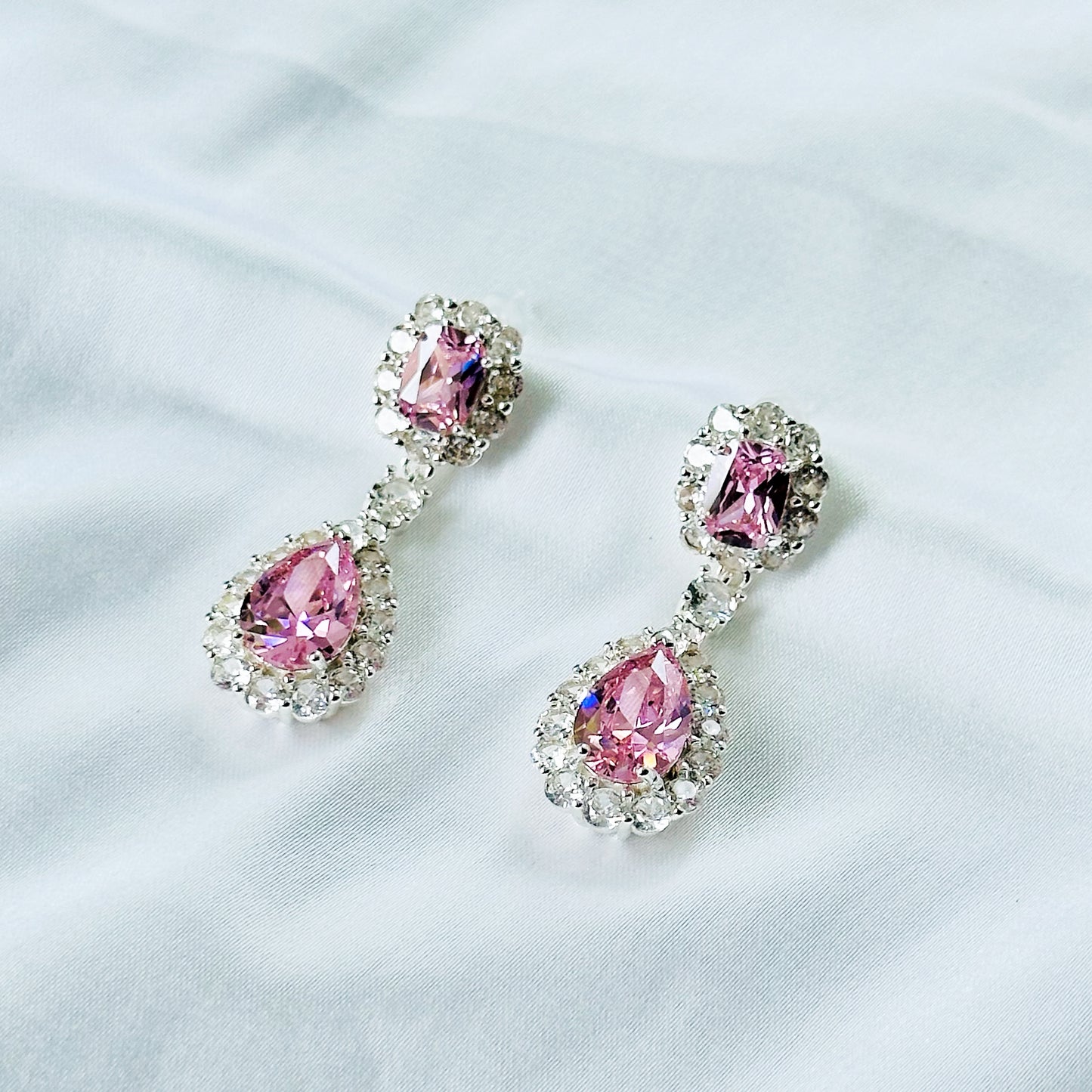 Pink Topaz Cubic Zirconia Ice Cut American Diamond Silver Plated Earrings