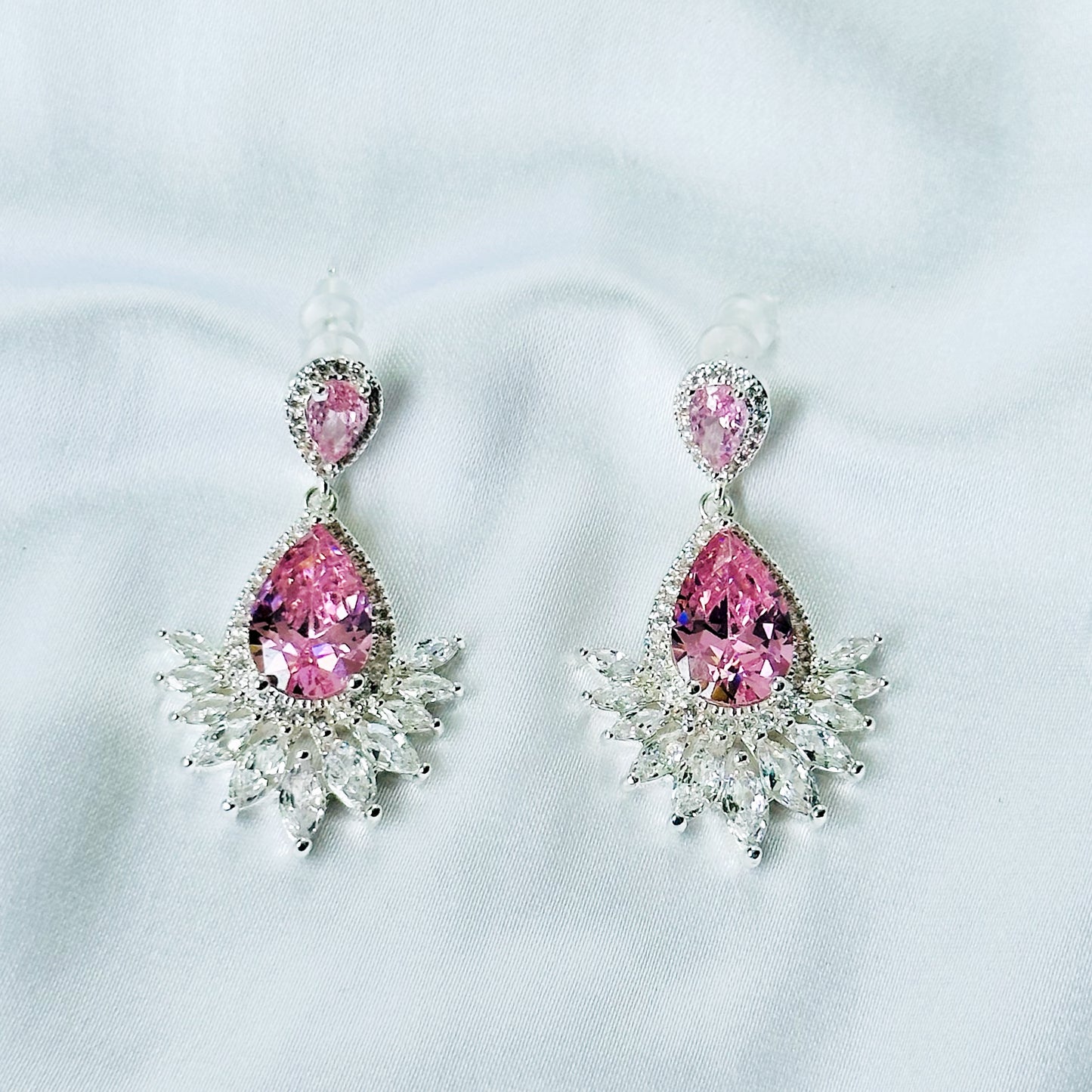 Pink Topaz Cubic Zirconia Ice Cut American Diamond Silver Plated Earrings