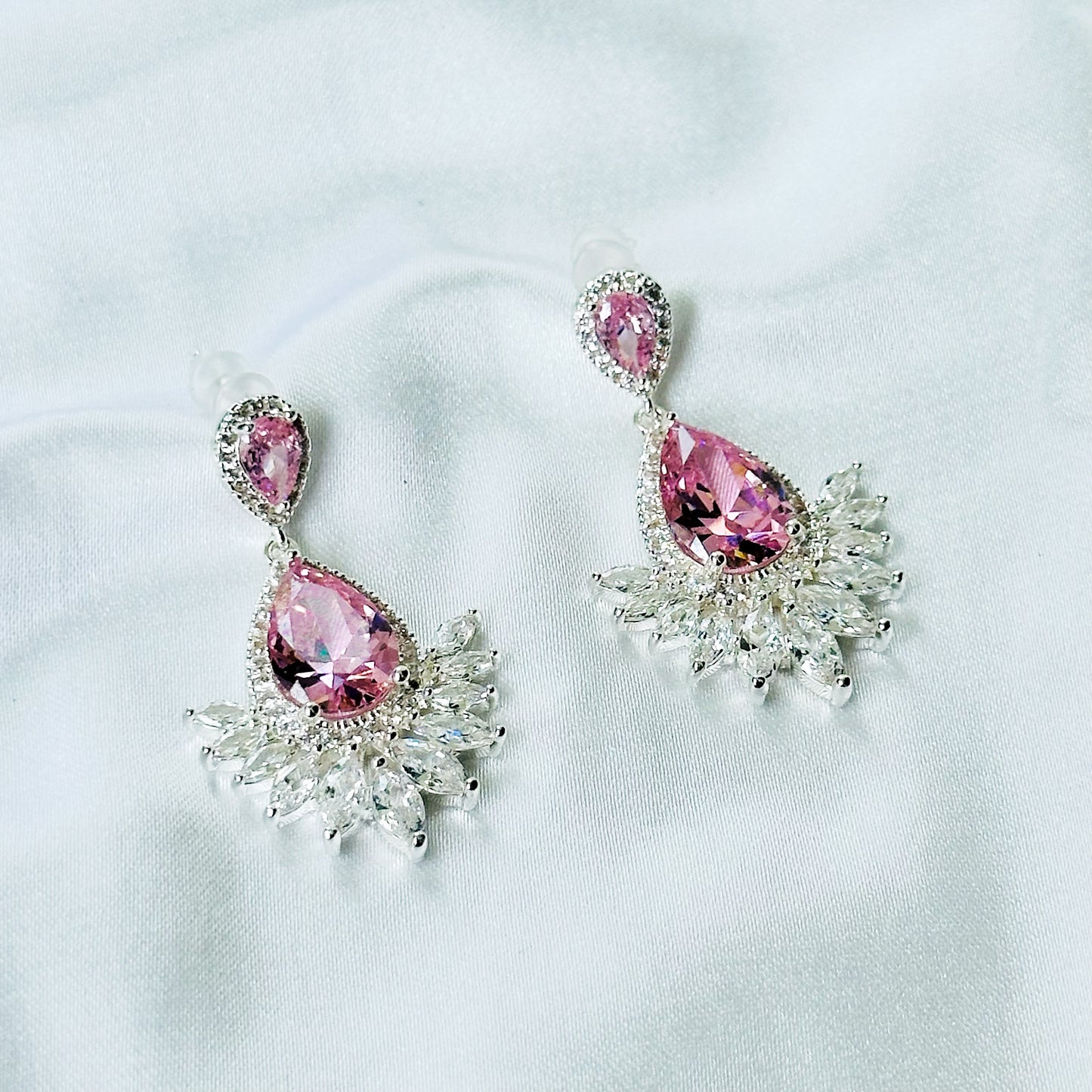 Pink Topaz Cubic Zirconia Ice Cut American Diamond Silver Plated Earrings