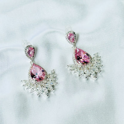 Pink Topaz Cubic Zirconia Ice Cut American Diamond Silver Plated Earrings