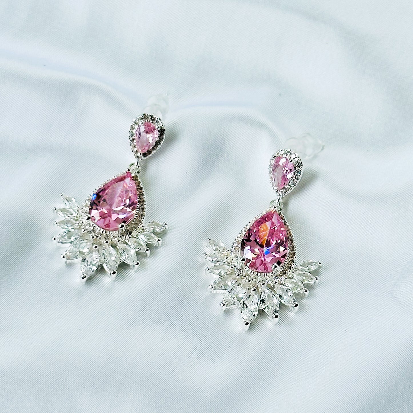 Pink Topaz Cubic Zirconia Ice Cut American Diamond Silver Plated Earrings
