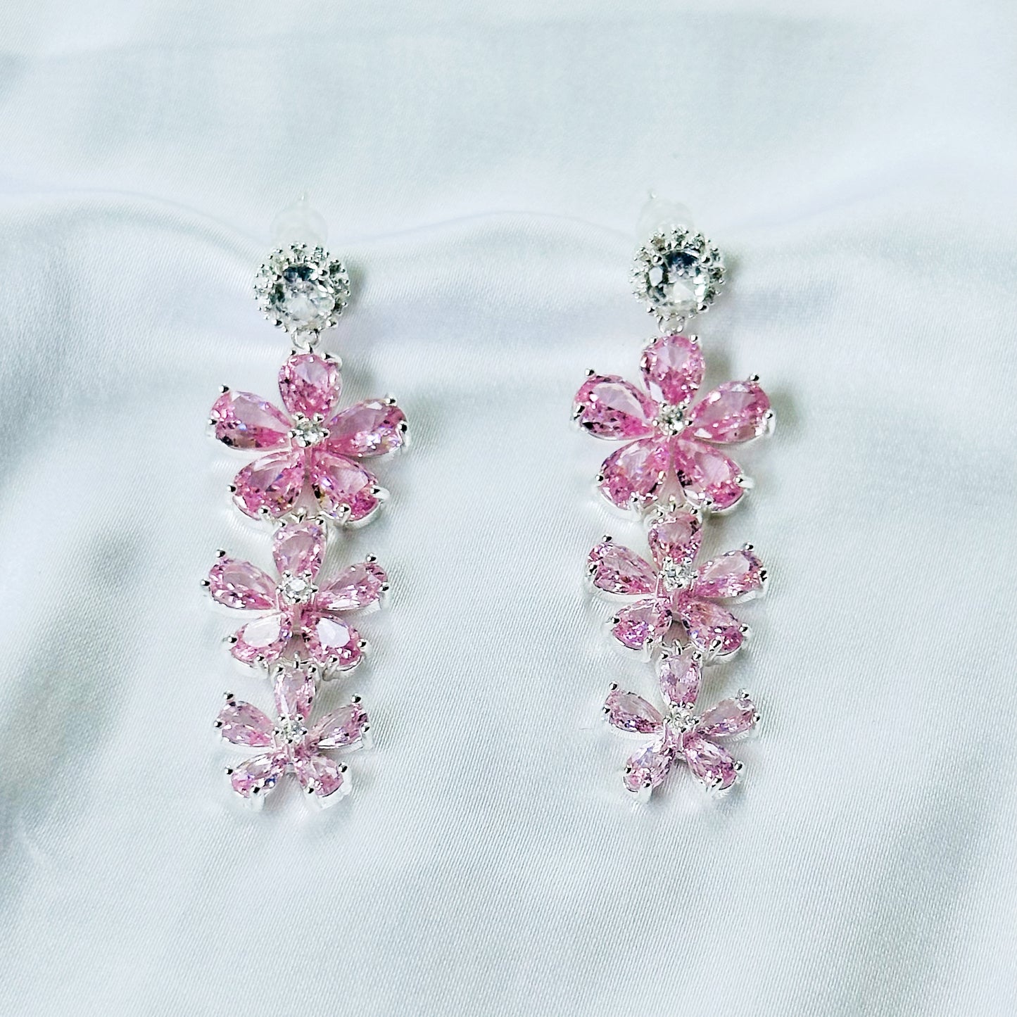 Pink Topaz Cubic Zirconia Ice Cut American Diamond Silver Plated Earrings