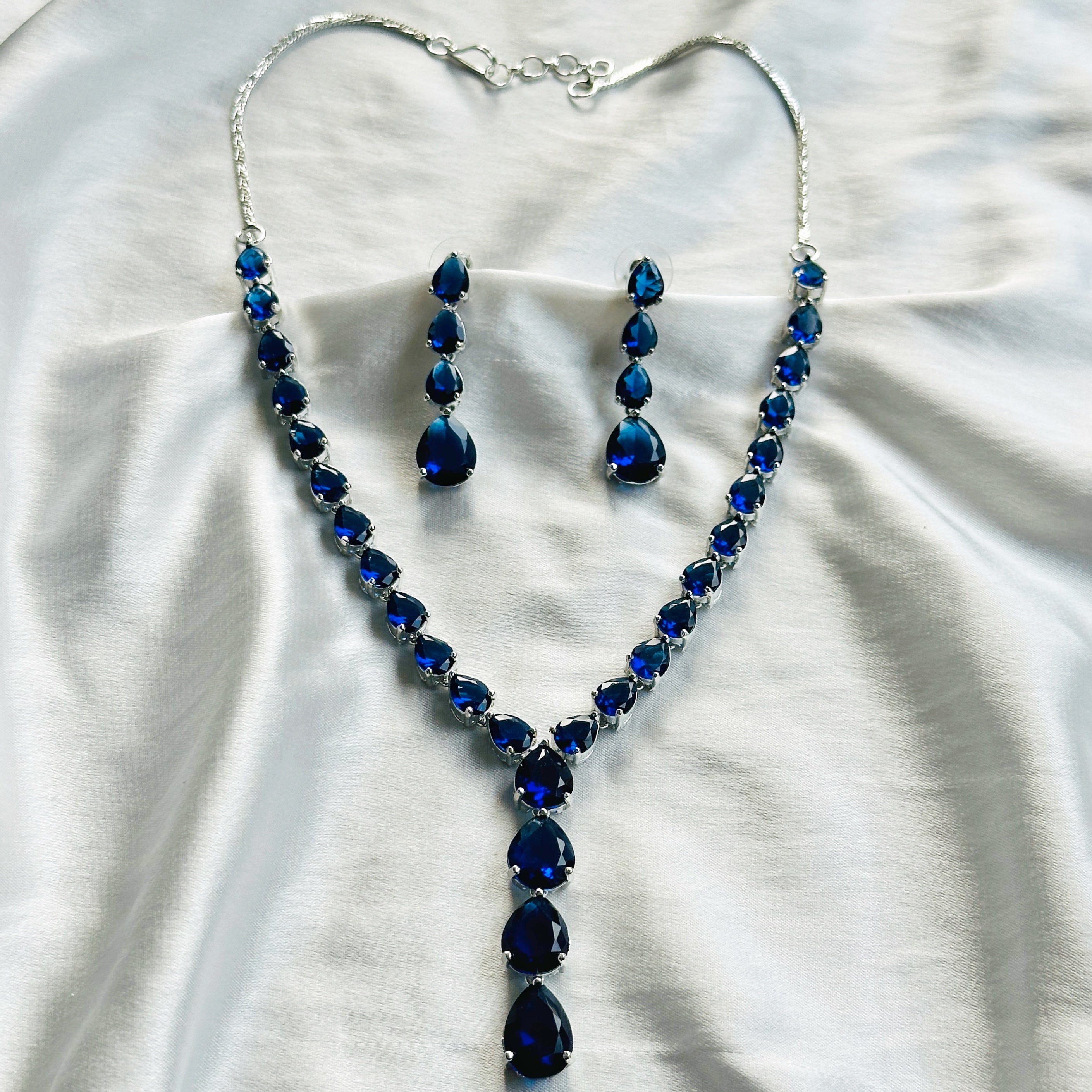 Blue Sapphire Cubic Zircon Stones Silver Plated Necklace Set