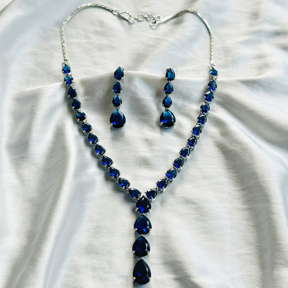Blue Sapphire Cubic Zircon Stones Silver Plated Necklace Set