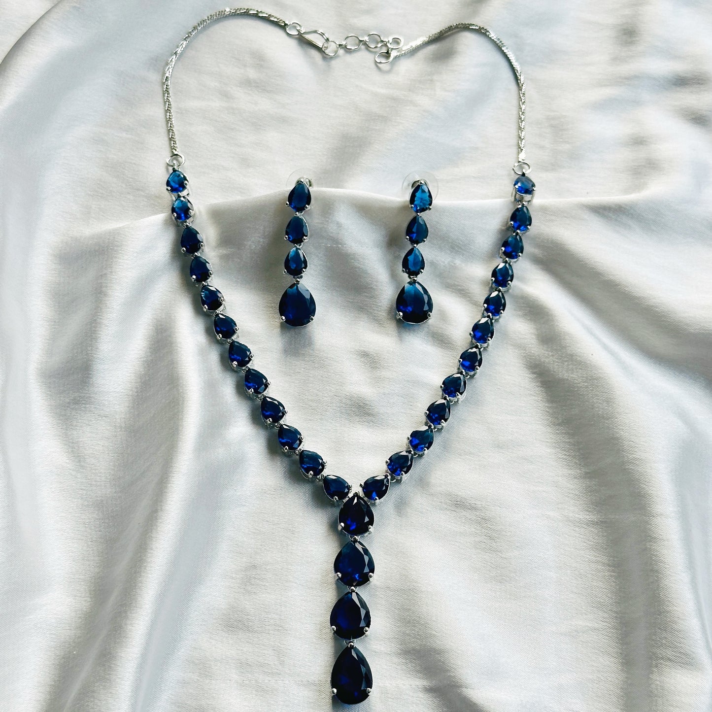 Blue Sapphire Cubic Zircon Stones Silver Plated Necklace Set