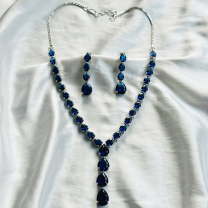 Blue Sapphire Cubic Zircon Stones Silver Plated Necklace Set