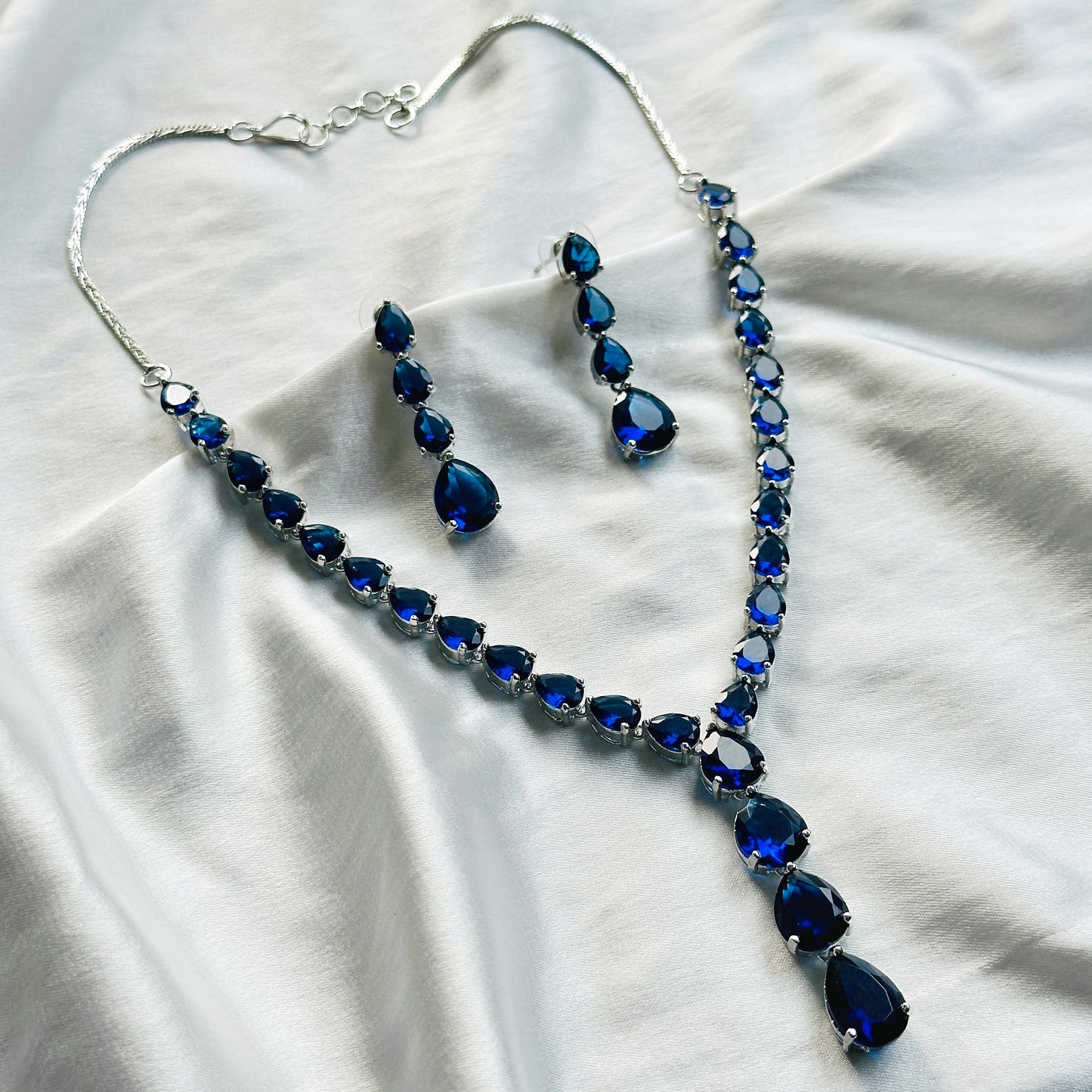 Blue Sapphire Cubic Zircon Stones Silver Plated Necklace Set