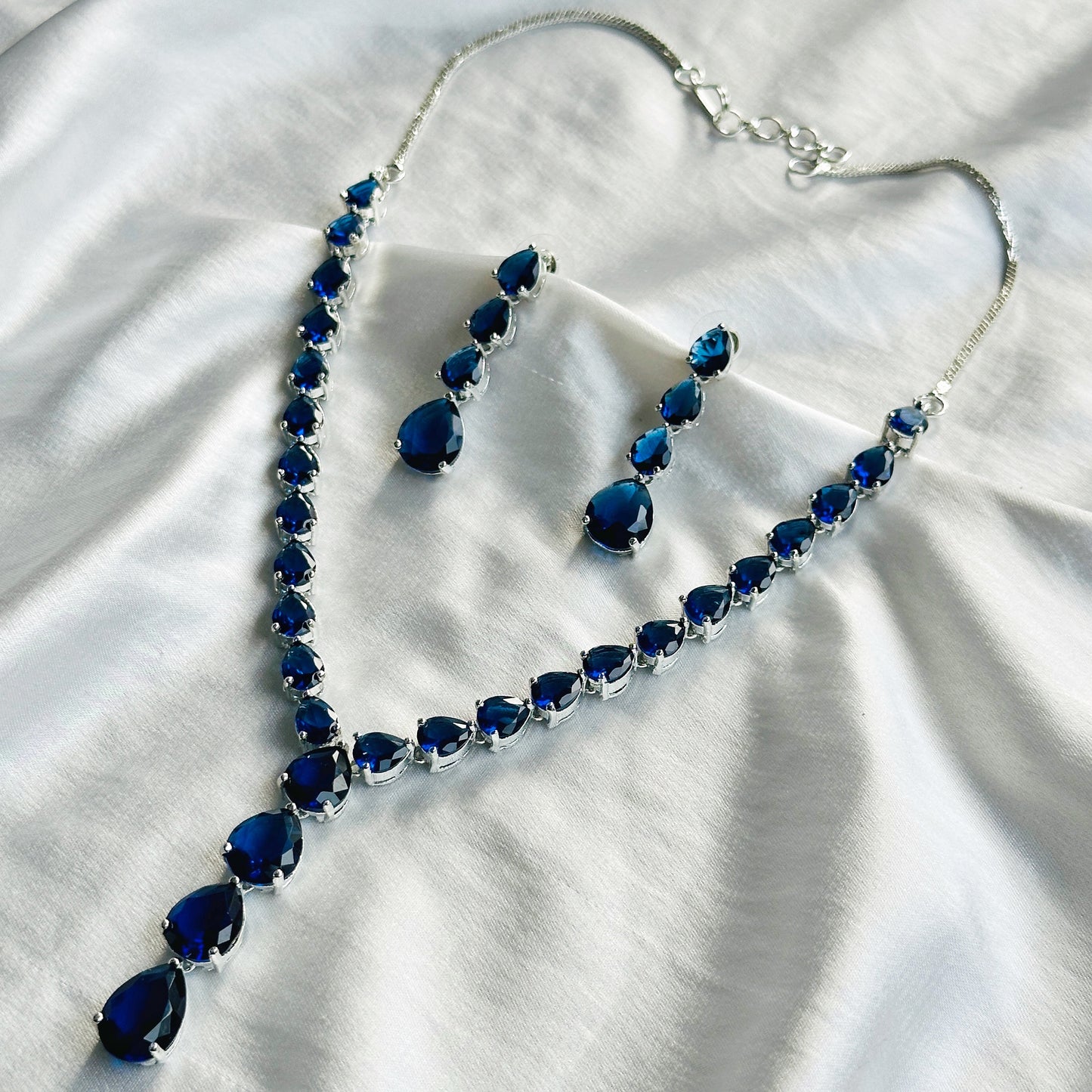 Blue Sapphire Cubic Zircon Stones Silver Plated Necklace Set