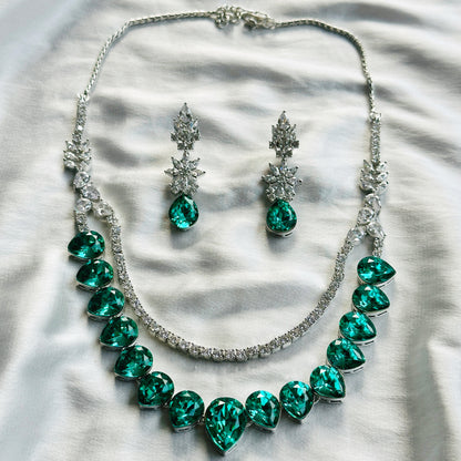 Light Emerald Swarovski Crystals American Diamond Silver Plated Necklace Set