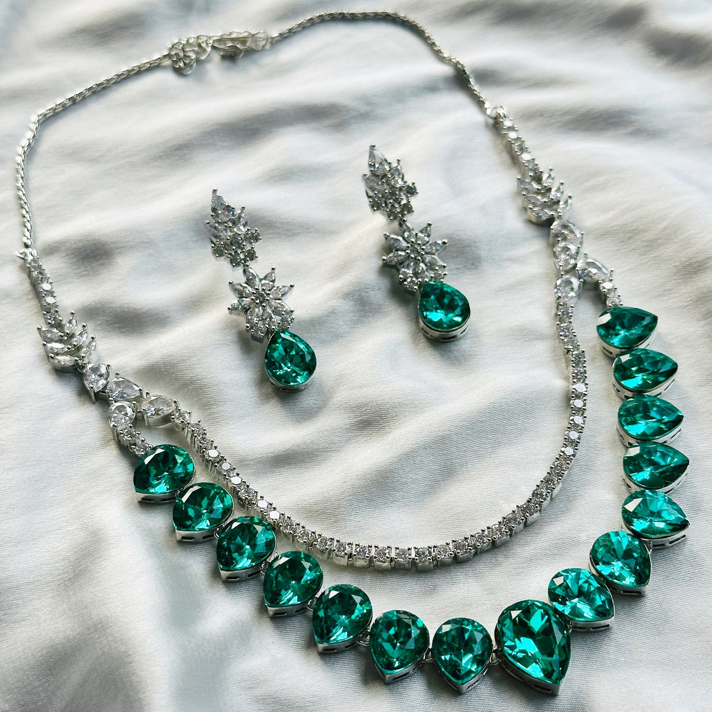 Light Emerald Swarovski Crystals American Diamond Silver Plated Necklace Set
