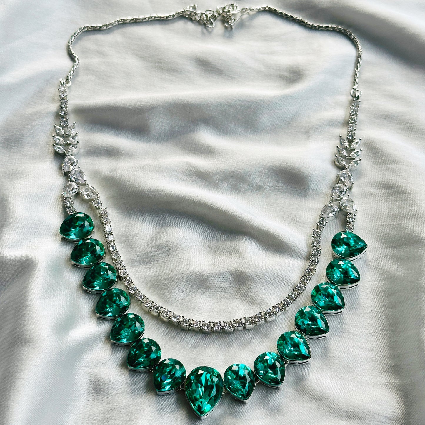Light Emerald Swarovski Crystals American Diamond Silver Plated Necklace Set