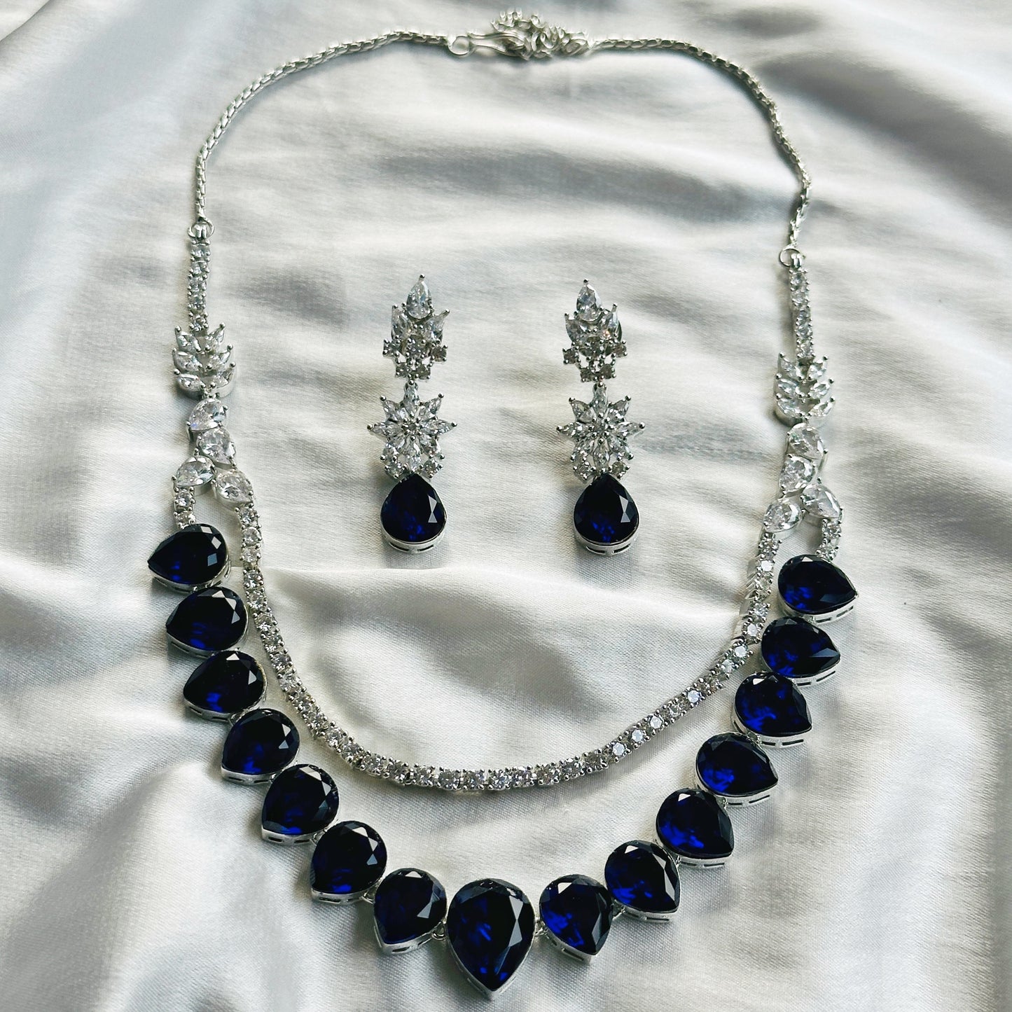 Blue Sapphire Swarovski Crystals American Diamond Silver Plated Necklace Set