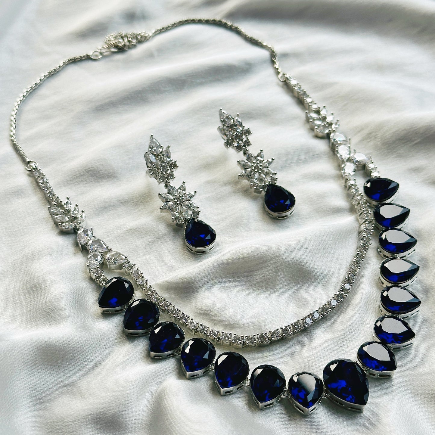 Blue Sapphire Swarovski Crystals American Diamond Silver Plated Necklace Set