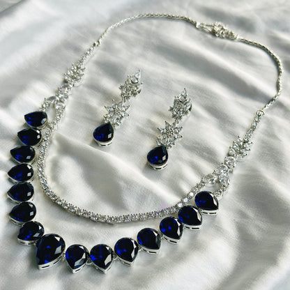 Blue Sapphire Swarovski Crystals American Diamond Silver Plated Necklace Set