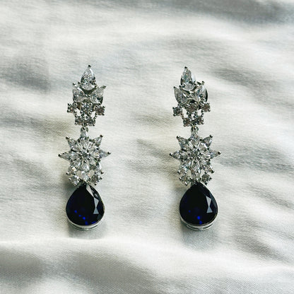 Blue Sapphire Swarovski Crystals American Diamond Silver Plated Necklace Set