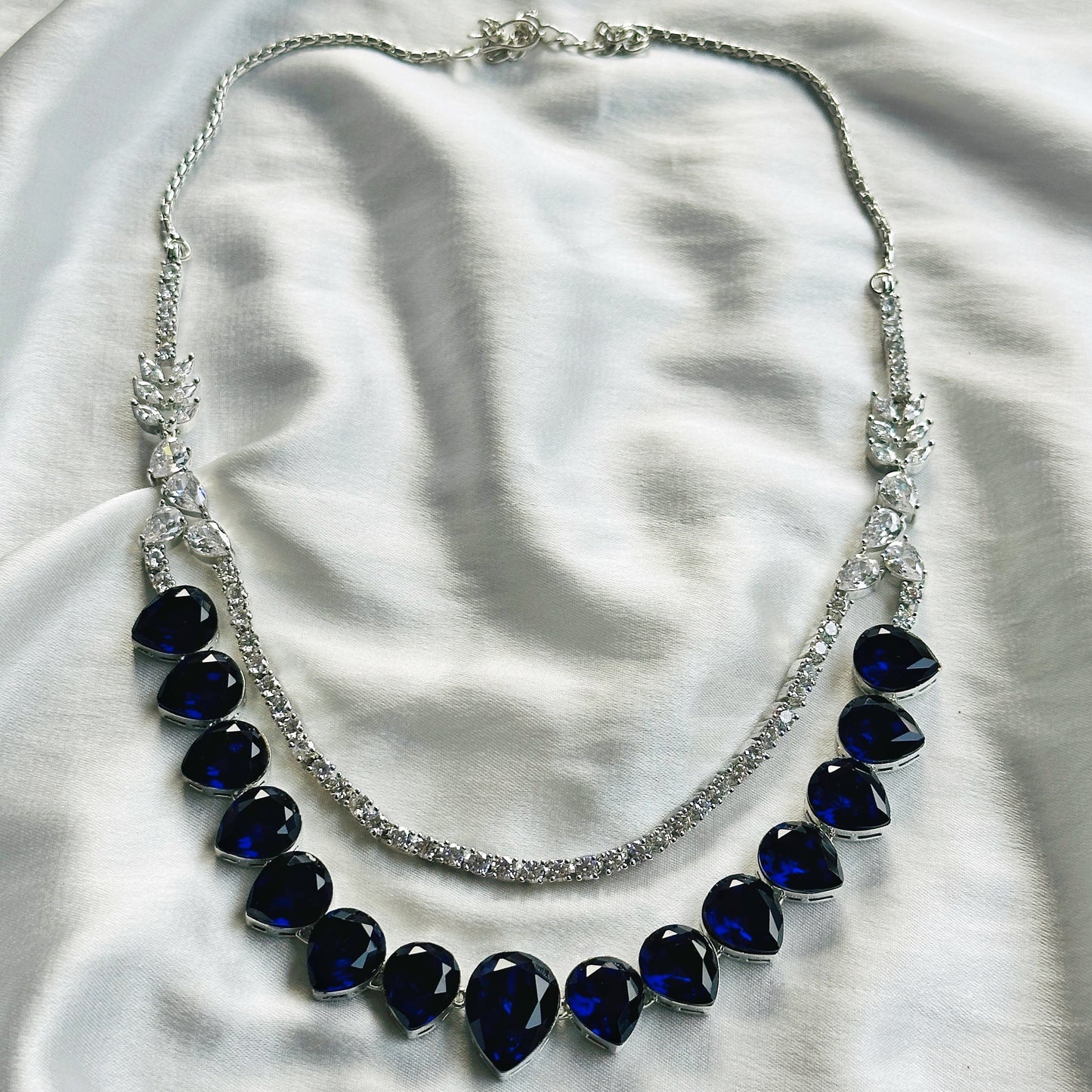 Blue Sapphire Swarovski Crystals American Diamond Silver Plated Necklace Set
