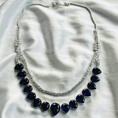 Blue Sapphire Swarovski Crystals American Diamond Silver Plated Necklace Set