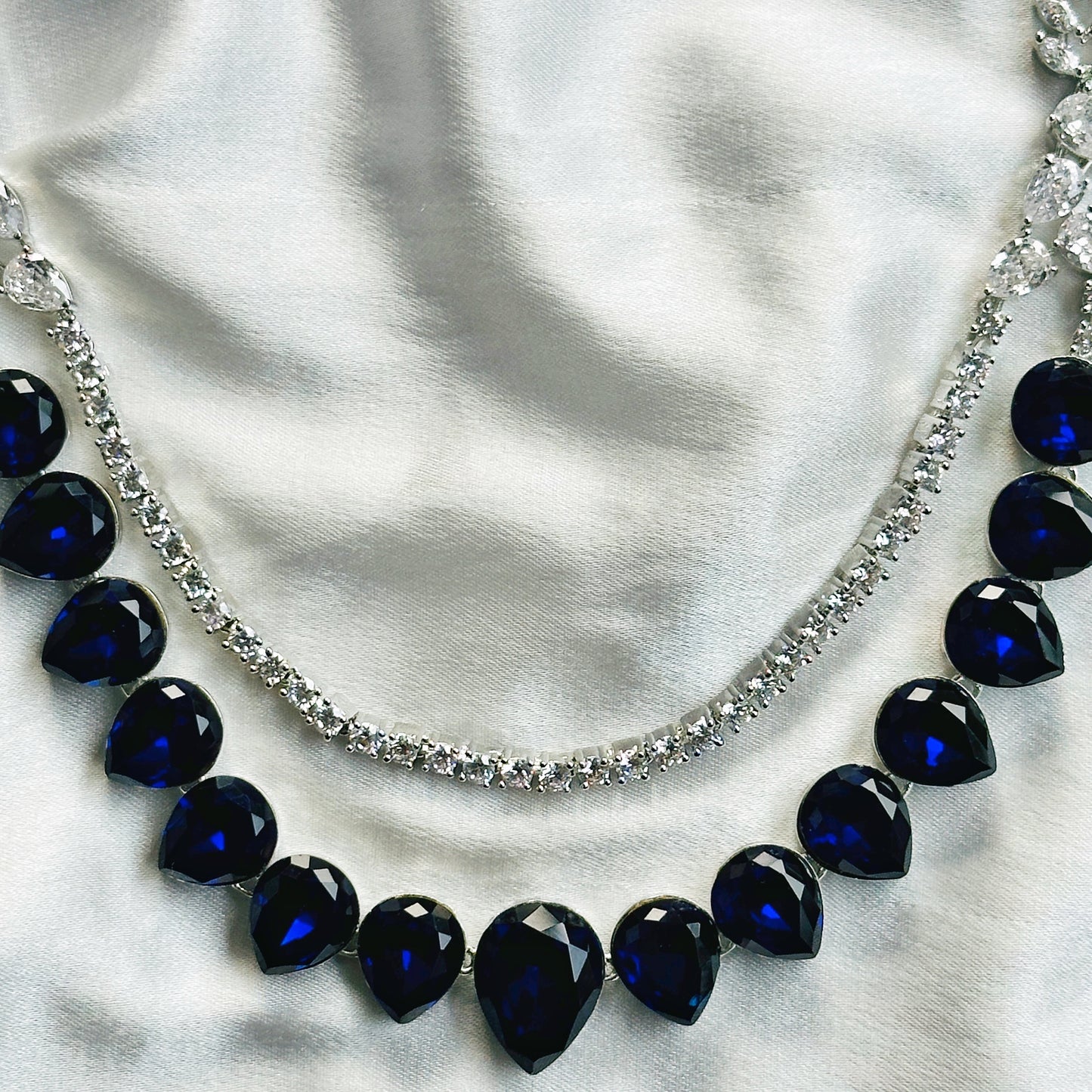 Blue Sapphire Swarovski Crystals American Diamond Silver Plated Necklace Set